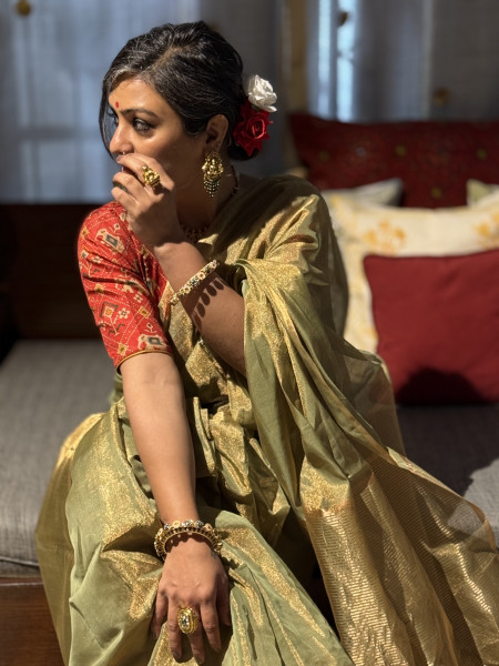 'PADMA' MEHNDI GREEN ZARI WOVEN MAHESHWARI SILK  SARI