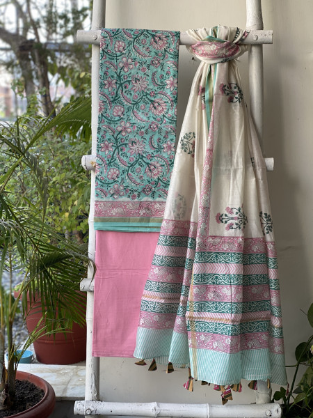 AQUA-PINK HAND BLOCK PRINT CHANDERI SILK & COTTON DUPATTA SET