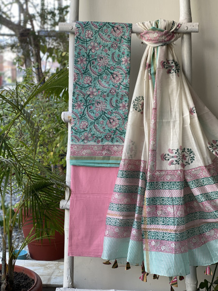 AQUA-PINK HAND BLOCK PRINT CHANDERI SILK & COTTON DUPATTA SET