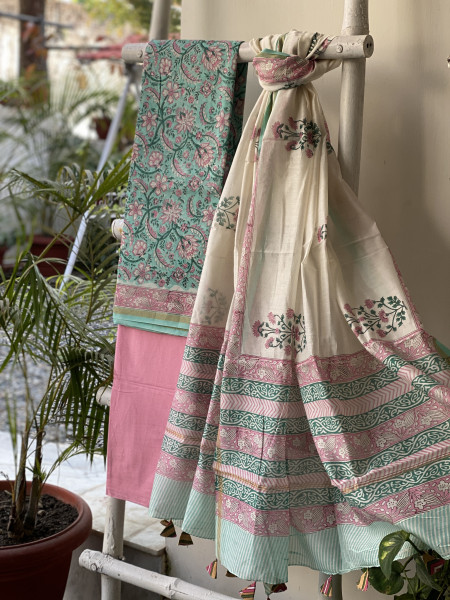 AQUA-PINK HAND BLOCK PRINT CHANDERI SILK & COTTON DUPATTA SET