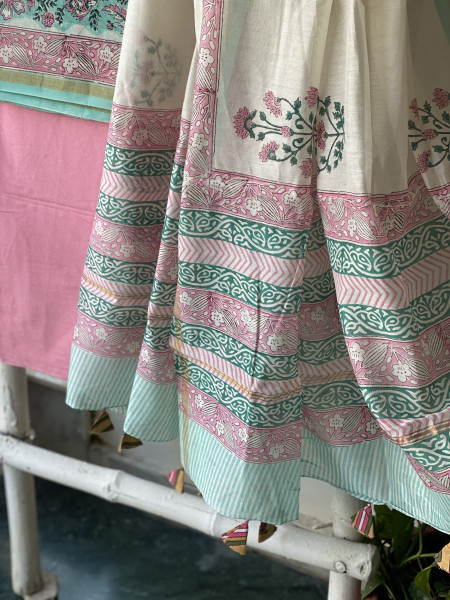 AQUA-PINK HAND BLOCK PRINT CHANDERI SILK & COTTON DUPATTA SET