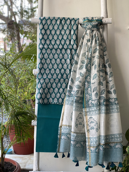 TEAL HAND BLOCK PRINT CHANDERI SILK & COTTON DUPATTA SET