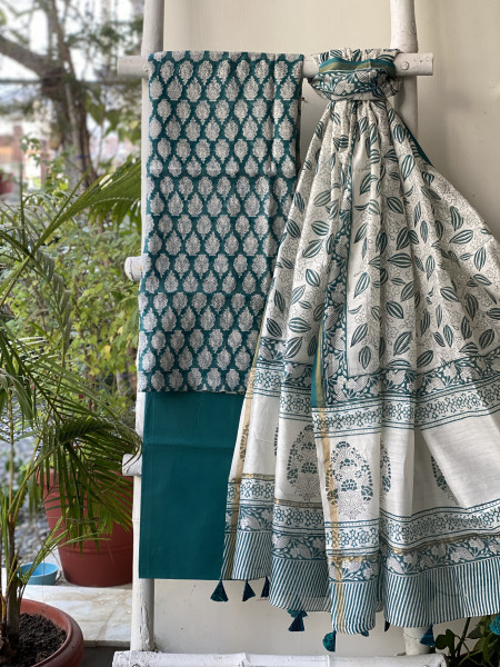 TEAL HAND BLOCK PRINT CHANDERI SILK & COTTON DUPATTA SET