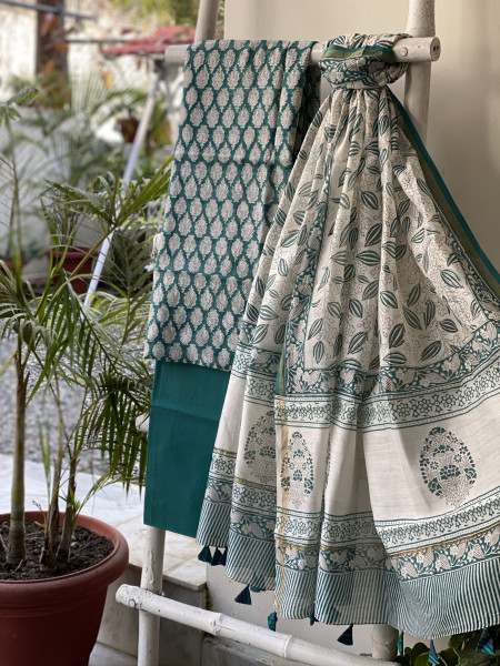 TEAL HAND BLOCK PRINT CHANDERI SILK & COTTON DUPATTA SET