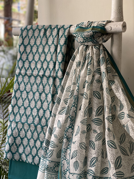 TEAL HAND BLOCK PRINT CHANDERI SILK & COTTON DUPATTA SET