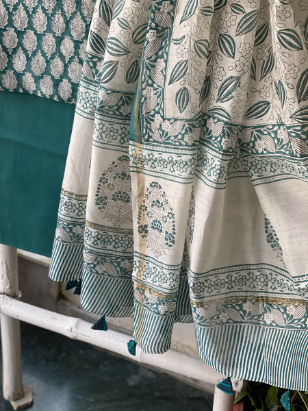 TEAL HAND BLOCK PRINT CHANDERI SILK & COTTON DUPATTA SET