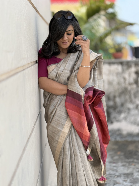 GREY HAND WOVEN TUSSAR SILK SARI