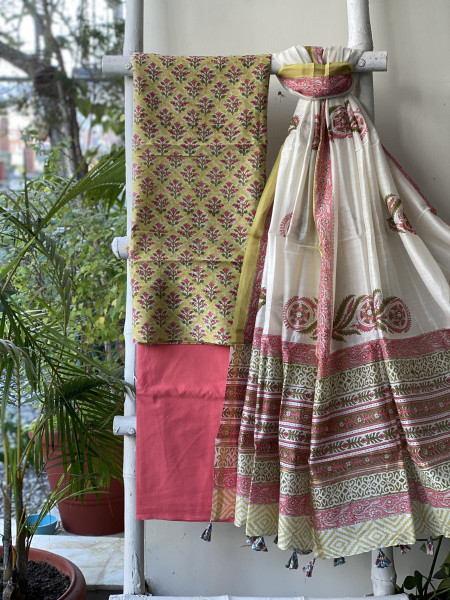 LIME GREEN-CORAL HAND BLOCK PRINT CHANDERI SILK & COTTON DUPATTA SET