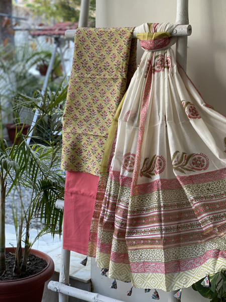 LIME GREEN-CORAL HAND BLOCK PRINT CHANDERI SILK & COTTON DUPATTA SET