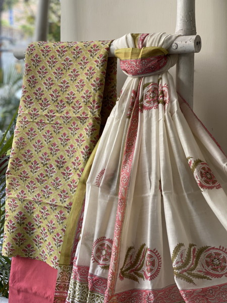 LIME GREEN-CORAL HAND BLOCK PRINT CHANDERI SILK & COTTON DUPATTA SET