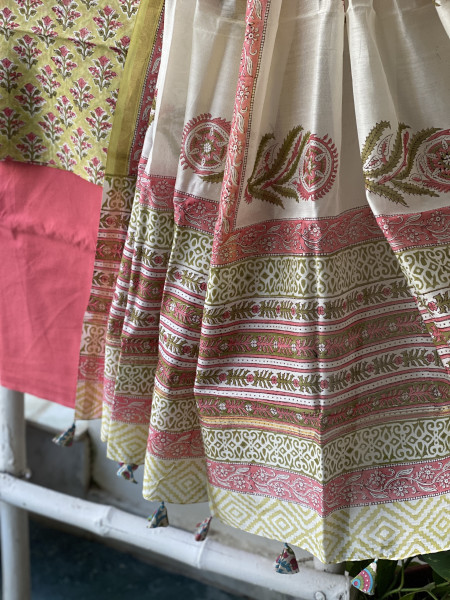 LIME GREEN-CORAL HAND BLOCK PRINT CHANDERI SILK & COTTON DUPATTA SET