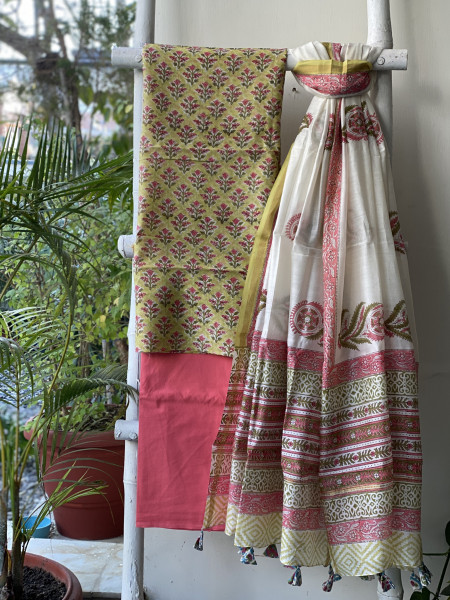 LIME GREEN-CORAL HAND BLOCK PRINT CHANDERI SILK & COTTON DUPATTA SET