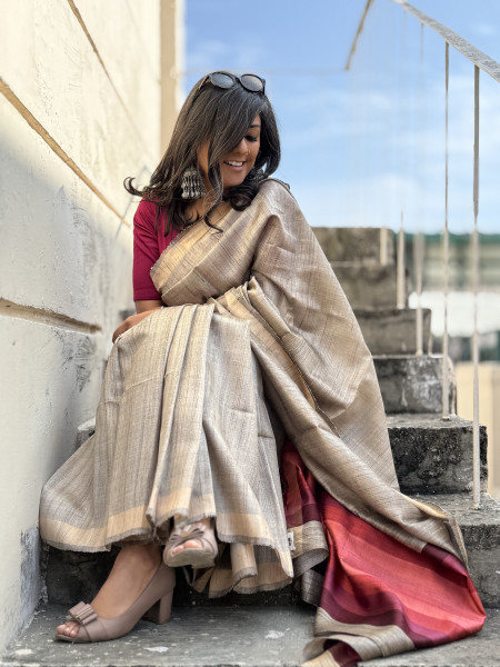 GREY HAND WOVEN TUSSAR SILK SARI