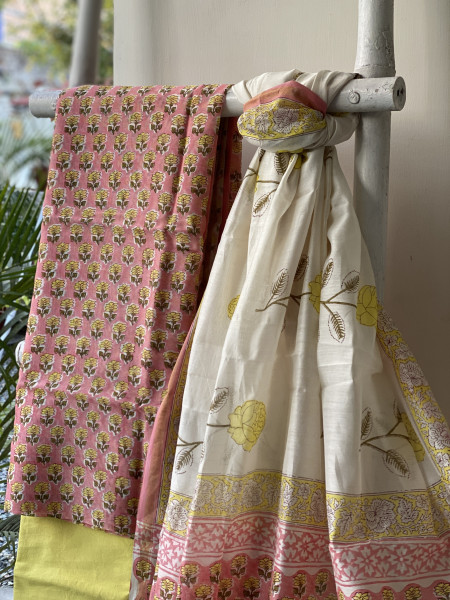 PEACH-LIME HAND BLOCK PRINT CHANDERI SILK & COTTON DUPATTA SET