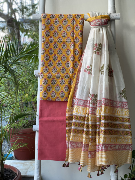 YELLOW-CORAL HAND BLOCK PRINT CHANDERI SILK & COTTON DUPATTA SET