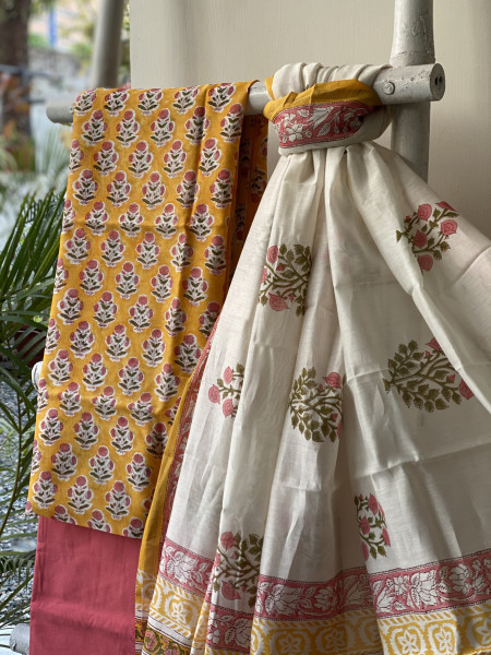 YELLOW-CORAL HAND BLOCK PRINT CHANDERI SILK & COTTON DUPATTA SET