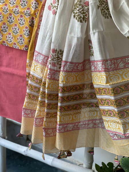 YELLOW-CORAL HAND BLOCK PRINT CHANDERI SILK & COTTON DUPATTA SET