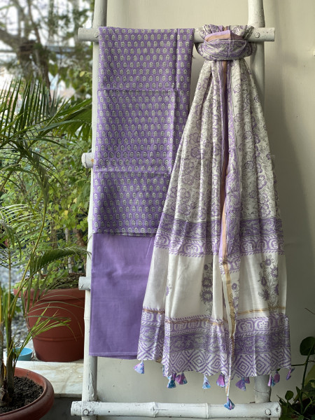 LAVENDER HAND BLOCK PRINT CHANDERI SILK & COTTON DUPATTA SET