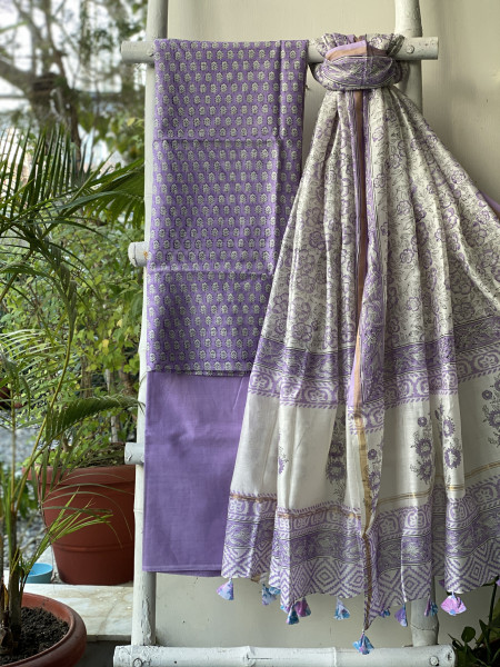 LAVENDER HAND BLOCK PRINT CHANDERI SILK & COTTON DUPATTA SET