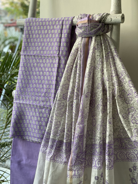 LAVENDER HAND BLOCK PRINT CHANDERI SILK & COTTON DUPATTA SET