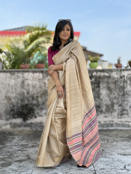 BEIGE HAND WOVEN TUSSAR SILK SARI