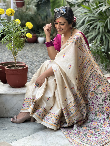 BEIGE KANTHA HAND EMBROIDERED TUSSAR  SILK SARI