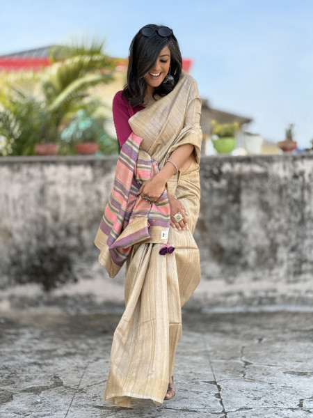 BEIGE HAND WOVEN TUSSAR SILK SARI