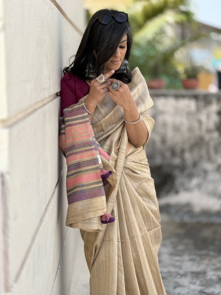 BEIGE HAND WOVEN TUSSAR SILK SARI
