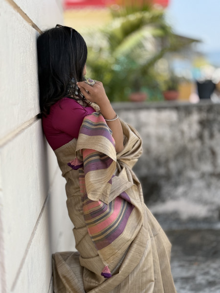 BEIGE HAND WOVEN TUSSAR SILK SARI