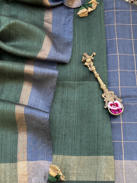 CHARCOAL-GREEN HAND WOVEN TUSSAR SILK SARI