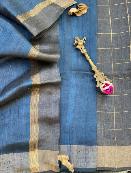 CHARCOAL-INDIGO HAND WOVEN TUSSAR SILK SARI