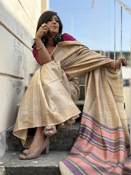 BEIGE HAND WOVEN TUSSAR SILK SARI