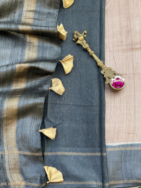 SALMON-CHARCOAL HAND WOVEN TUSSAR SILK SARI