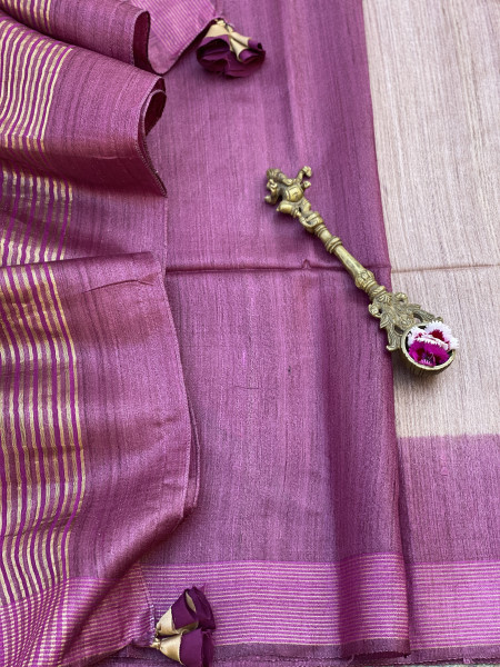 SALMON-WINE HAND WOVEN TUSSAR SILK SARI