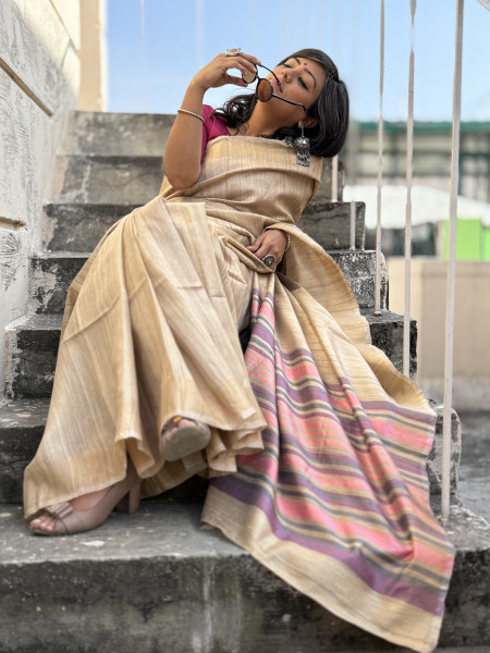 BEIGE HAND WOVEN TUSSAR SILK SARI