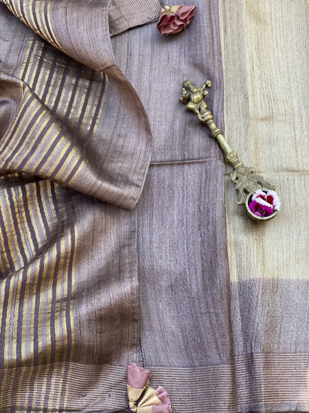 BEIGE-BROWN HAND WOVEN TUSSAR SILK SARI