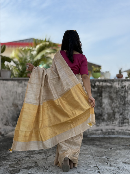 BEIGE-YELLOW HAND WOVEN TUSSAR SILK SARI