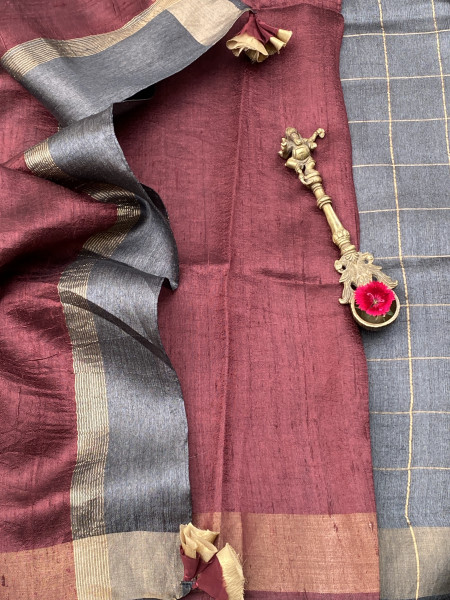 CHARCOAL-MAROON HAND WOVEN TUSSAR SILK SARI