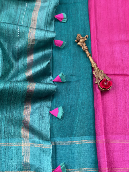 MAGENTA-TURQUOISE HAND WOVEN TUSSAR SILK SARI