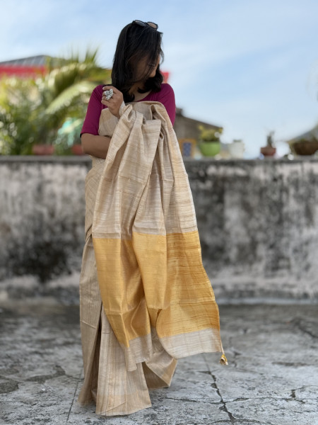 BEIGE-YELLOW HAND WOVEN TUSSAR SILK SARI