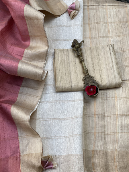 BEIGE-PEACH HAND WOVEN TUSSAR SILK SARI