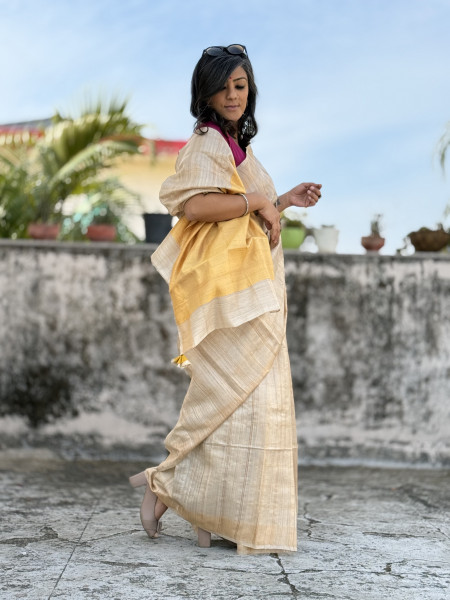 BEIGE-YELLOW HAND WOVEN TUSSAR SILK SARI
