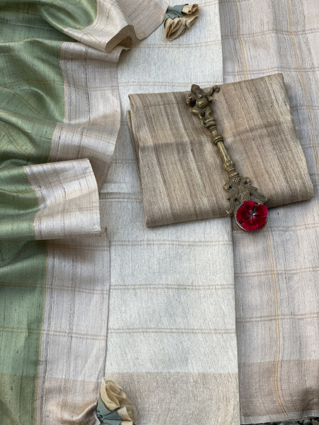 BEIGE-MINT GREEN HAND WOVEN TUSSAR SILK SARI