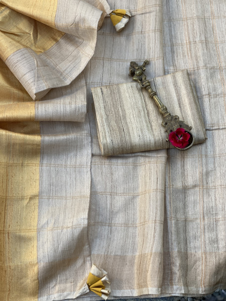 BEIGE-YELLOW HAND WOVEN TUSSAR SILK SARI