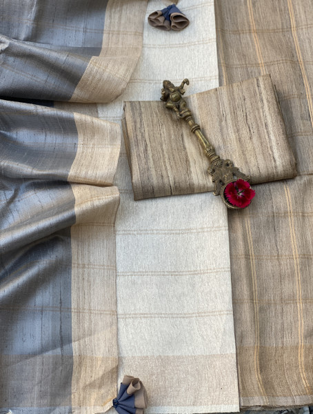 BEIGE-GREY HAND WOVEN TUSSAR SILK SARI