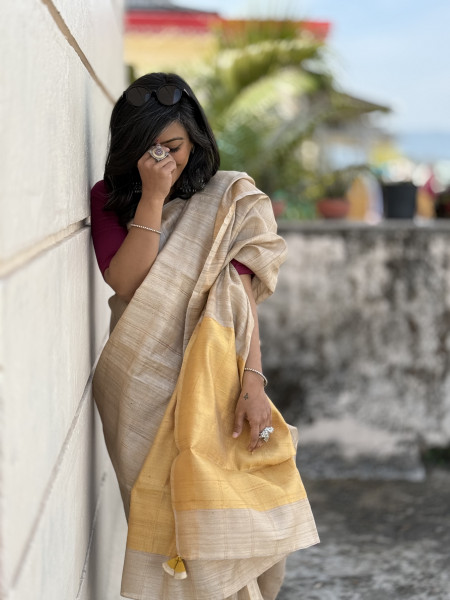 BEIGE-YELLOW HAND WOVEN TUSSAR SILK SARI