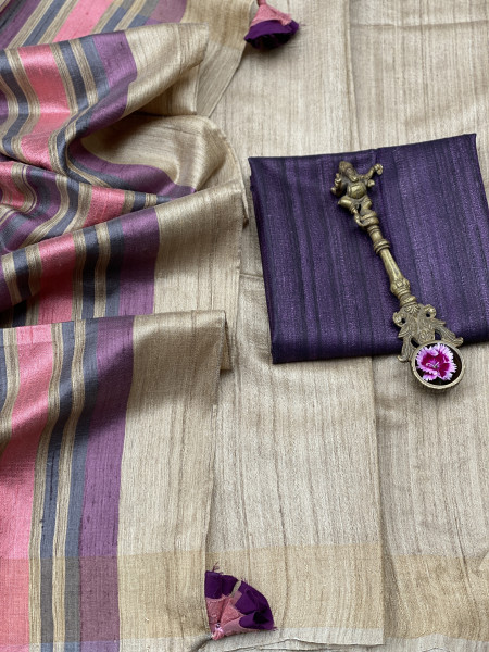 BEIGE HAND WOVEN TUSSAR SILK SARI
