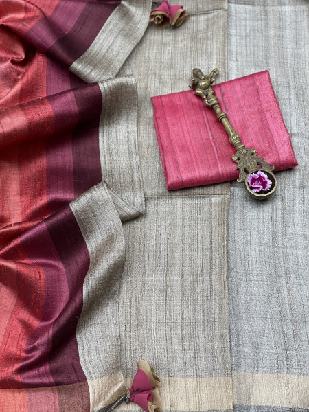 GREY HAND WOVEN TUSSAR SILK SARI