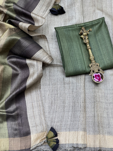 GREY HAND WOVEN TUSSAR SILK SARI