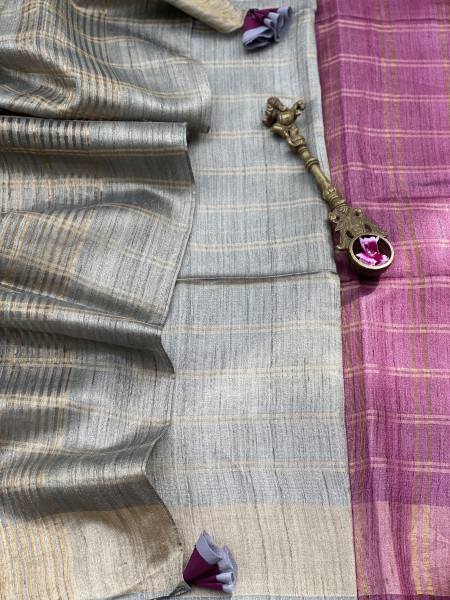 WINE-GREY HAND WOVEN TUSSAR SILK SARI